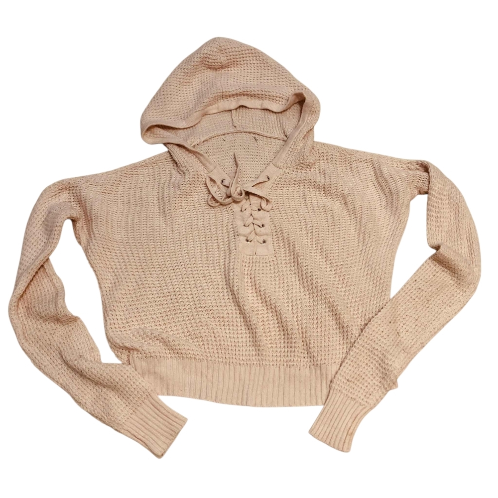 Pink Hooded Cropped Knit Sweater with Tie-Up Detail